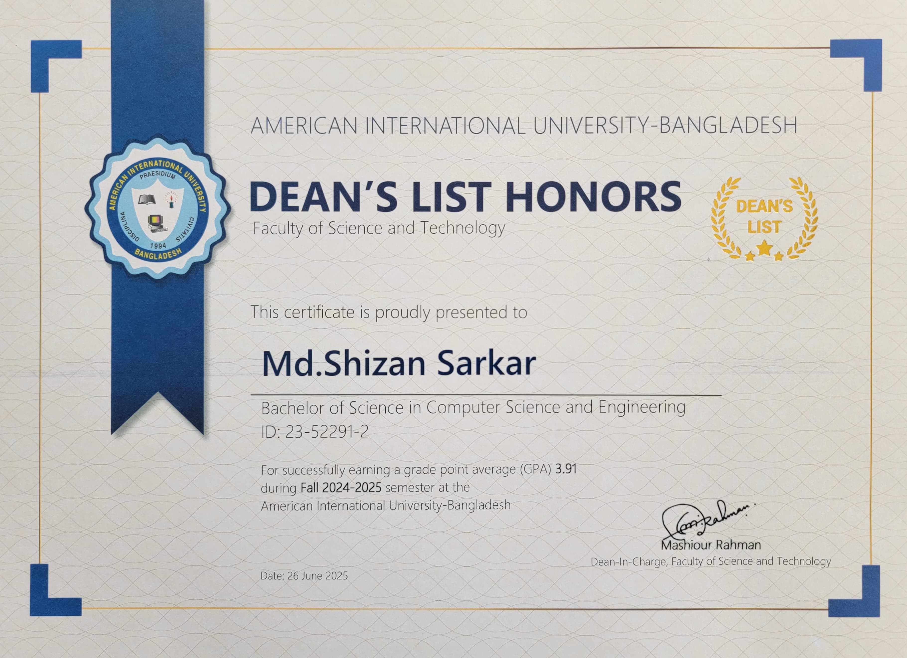 Dean’s List Honors award