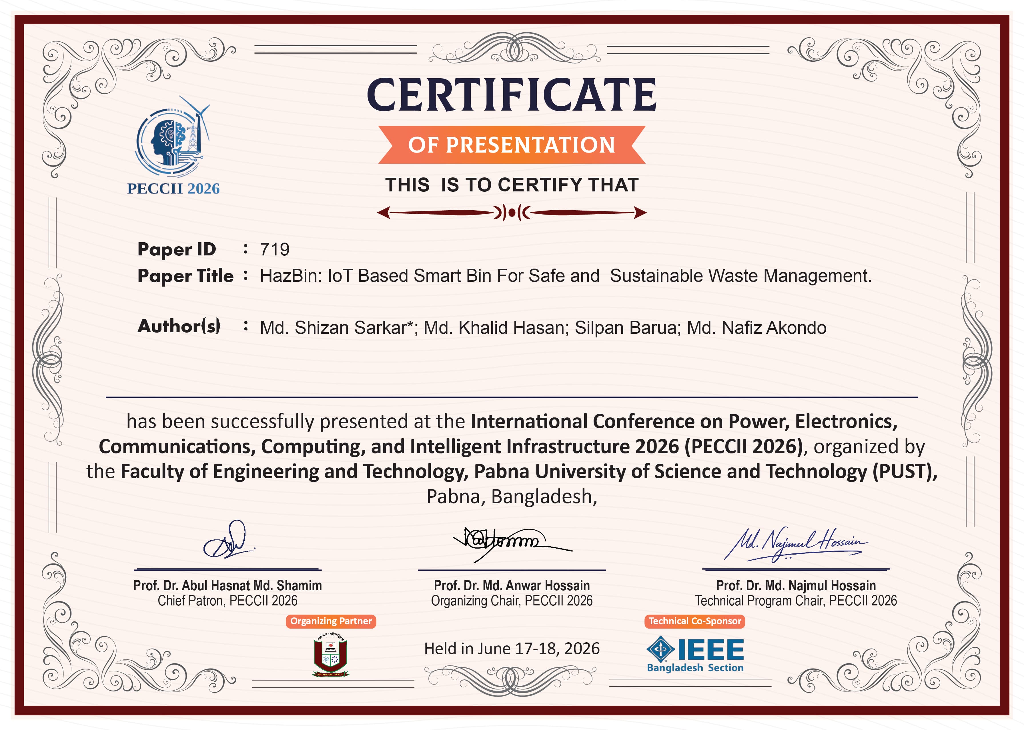 Certificate of Presentation – PECCII 2026 certificate