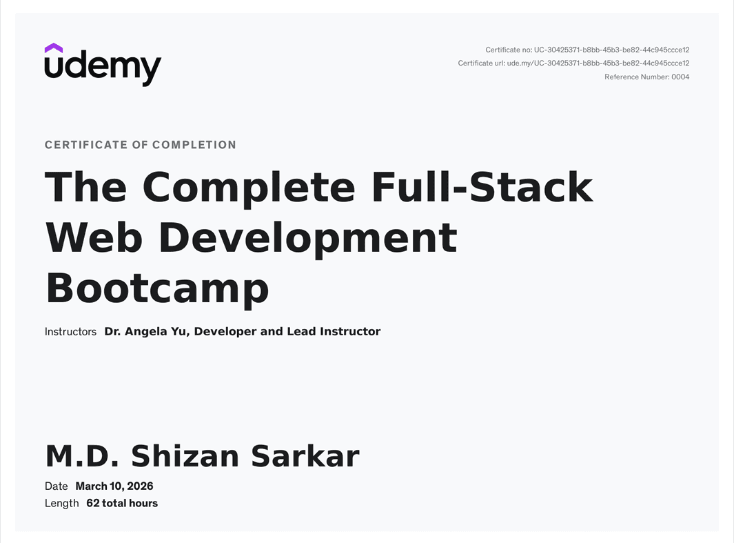 The Complete Full-Stack Web Development Bootcamp certificate